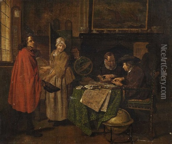 Interior Scene With Scholar And Maid Oil Painting - Jan Josef Horemans the Elder
