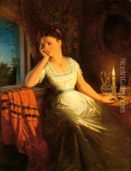 Lady By Candlelight Oil Painting - Gerrit Jan Derens