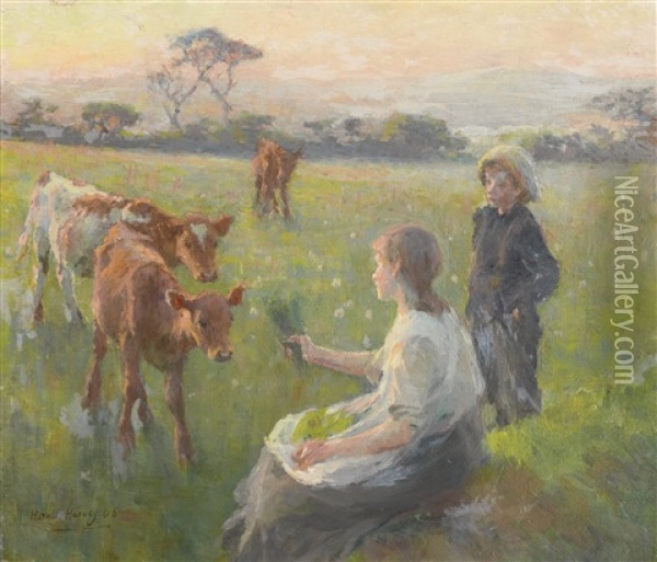 Feeding The Calves Oil Painting - Harold Harvey