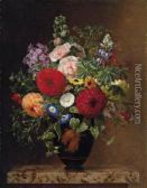 Convulvulus, Dahlias, Lupins And Stocks In A Greek Vase Oil Painting - Johan Laurentz Jensen