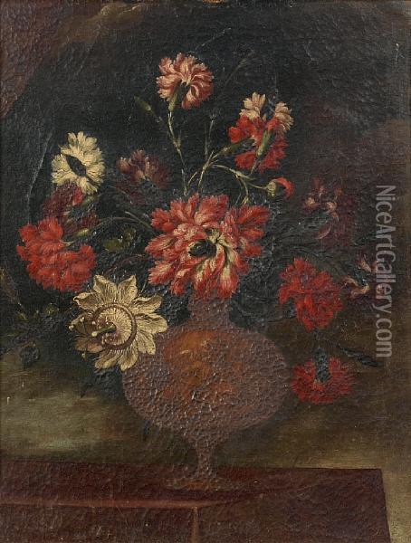 Carnations And Other Flowers In A Bronze Urn On A Table Top Oil Painting - Bartolome Perez