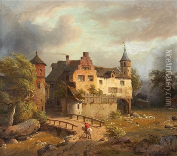 Dorf An Einem Fluss Oil Painting - Heinrich Franz Gaudenz von Rustige