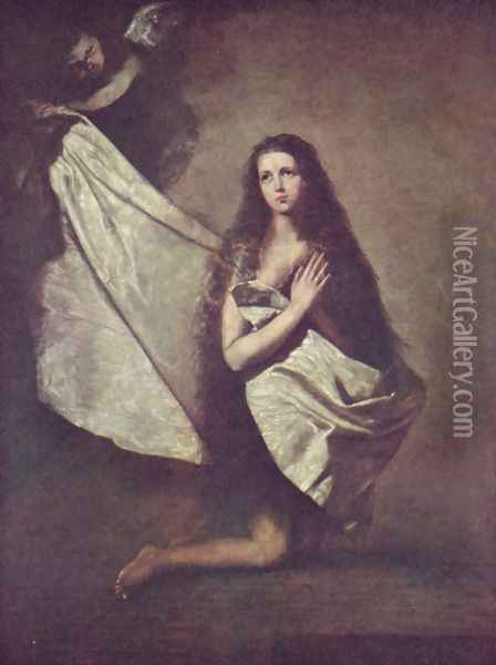 St. Agnes in prison, Angel with the cloth dressed Oil Painting - Jusepe de Ribera