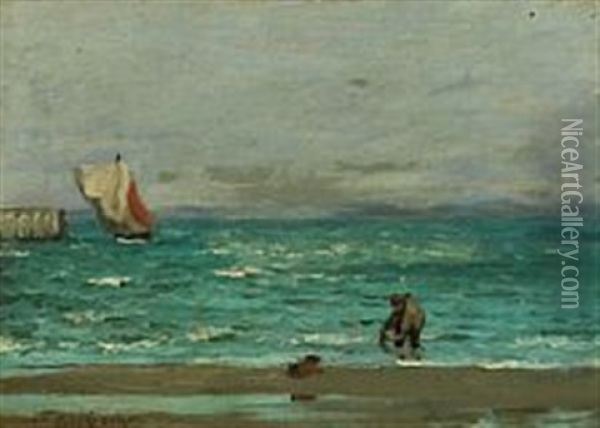 Costal Scenery With Fisherman Oil Painting - Carl Ludvig Thilson Locher
