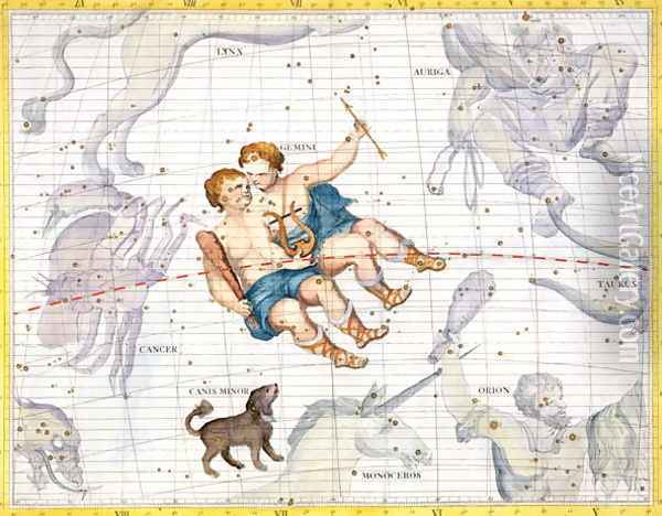 Constellation of Gemini with Canis Minor, plate 13 from Atlas Coelestis, by John Flamsteed 1646-1710, published 1729 Oil Painting - Sir James Thornhill