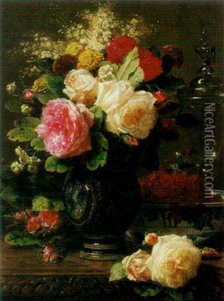 Still Life With Roses Oil Painting - Jean-Baptiste Robie
