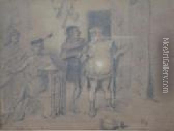 A Sketch Of Falstaff And Figures In An Interior Oil Painting - Sir John Gilbert