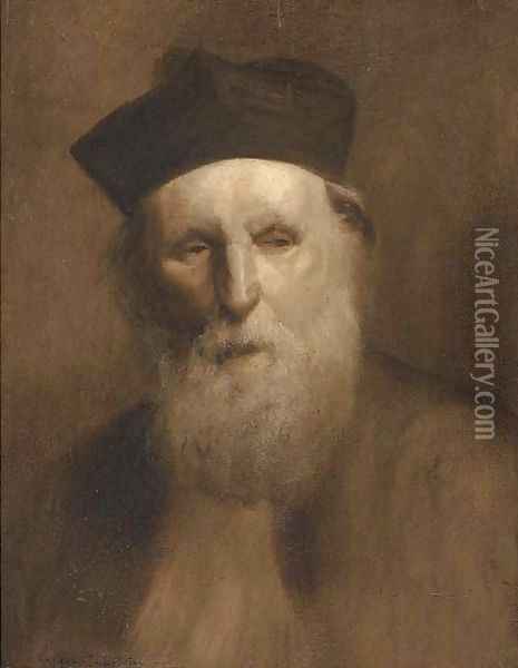 Portrait of a priest, bust-length, in traditional hat and robes Oil Painting - Eugene Carriere