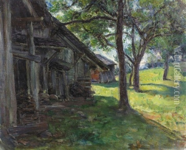Scheune Neben Obstbaumen In Sommerlicher Landschaft Oil Painting - Eugene Gilliard