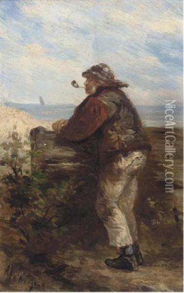 A Fisherman Looking Out To See Oil Painting - Albert Jurardus van Prooijen