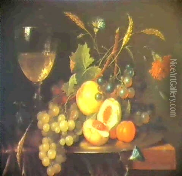 Still Life Of A Wine Glass With Fruit On A Pewter Dish      Arranged On A Ledge Oil Painting - Jan Davidsz De Heem