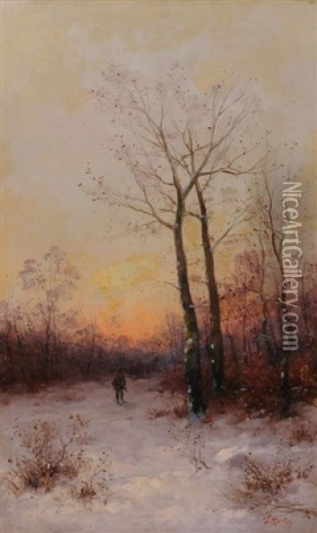Jager Im Abendlichen Winterwald Oil Painting - Johann Jungblut