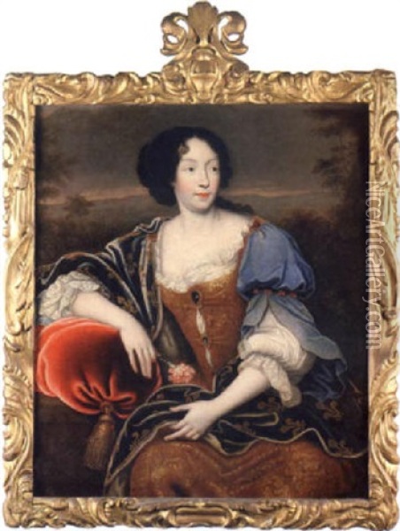 Portrait Of Elisabeth (isabelle) D'orleans, Duchesse De Guise, In A Gold Embroidered Dress, With An Embroidered Blue Wrap Oil Painting - Pierre Mignard the Elder