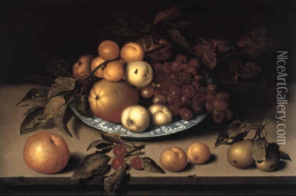 Peaches And Other Fruit In A Bowl With Cherries. . .on A Ledge Oil Painting - Ambrosius Bosschaert the Elder