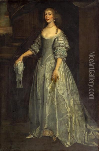 A Portrait Of A Lady, Full-length, Wearing Asilver Silk Dress Oil Painting - Sir Anthony Van Dyck