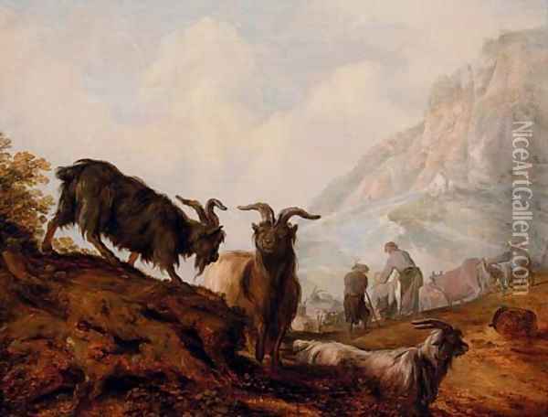 Peasants and goats in a mountainous landscape Oil Painting - Jacobus Sibrandi Mancadan