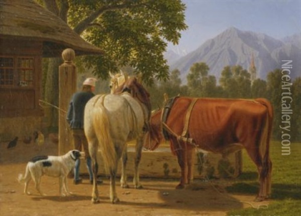 Ein Pferd Und Eine Kuh Am Brunnen, Im Hintergrund Der Niesen (a Horse And Cow At A Well, In The Background Mountain Peak Niesen) Oil Painting - Johann Jakob Biedermann