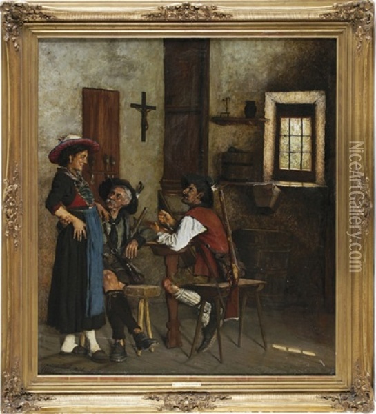 Zwei Jager Mit Einem Dirndl In Der Stube Oil Painting - Woldemar Graf von Reichenbach