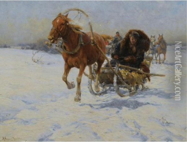 Sleigh Ride Oil Painting - Alfred Wierusz-Kowalski