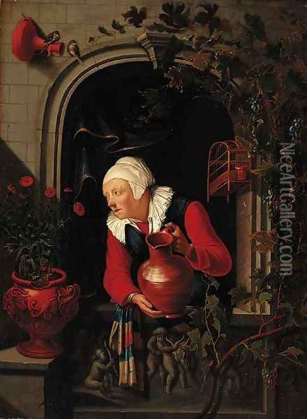 An elderly woman watering flowers at a niche window Oil Painting - Gerrit Dou