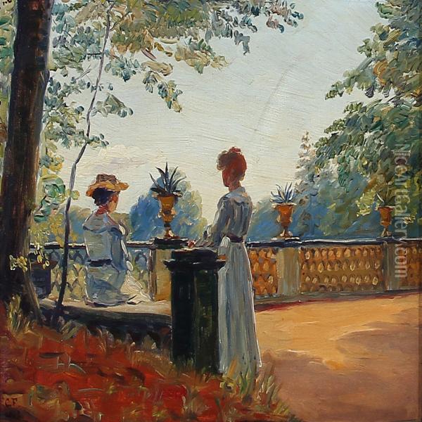 Two Women In A Park Oil Painting - Carl Frydensberg