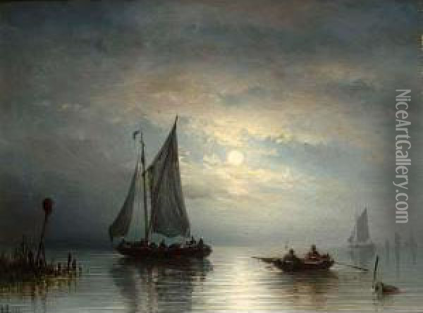 A Moonlit Coastal Landscape With Boats Oil Painting - Johannes Hilverdink