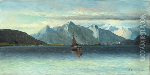 Sailboats On A Quiet Lake Oil Painting - Soeren Simonsen