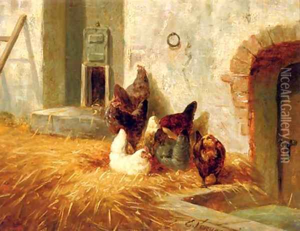 Hens outside their pen Oil Painting - Elchanon Verveer