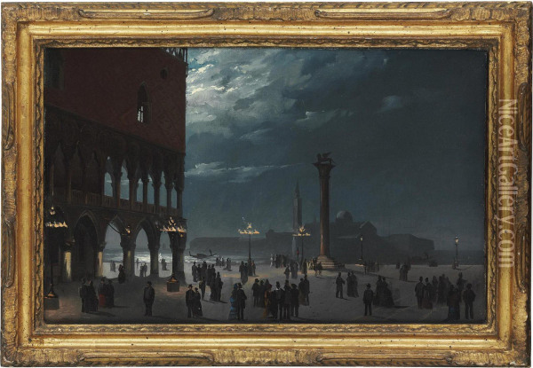 A View Of The Piazzetta By Moonlight, Venice Oil Painting - Ippolito Caffi