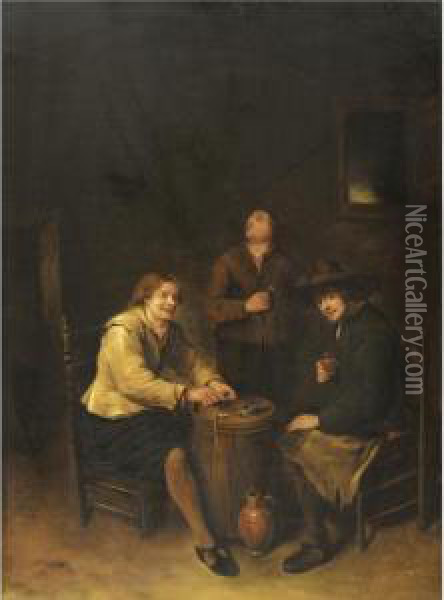 A Tavern Interior With Three Peasants Merry Making Oil Painting - Philips Koninck