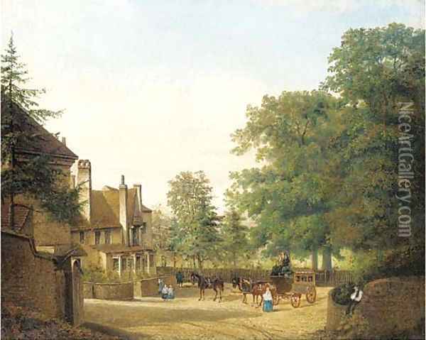 A horse-drawn carriage arriving at the Barley Mow Inn Oil Painting - English Provincial School