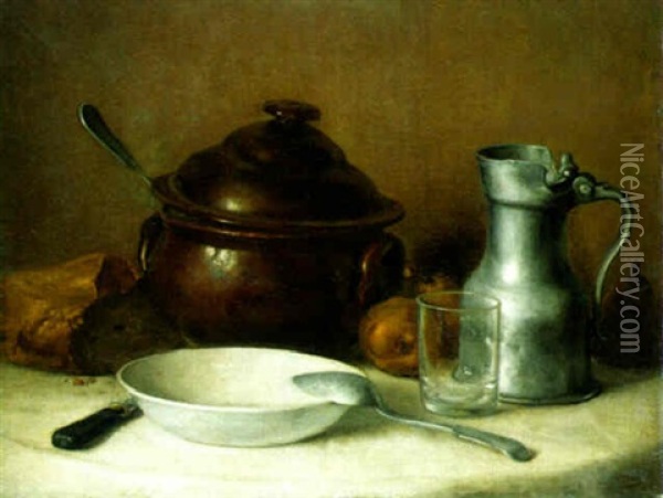 A Still Life With A Soup Tureen, Bowl, Bread, And A Pewter Pitcher Oil Painting - Francois Millet