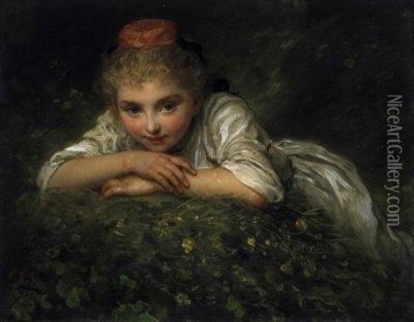 Portrait Of A Little Girl. Signed And Dated Lower Left: L. Knaus 1884 Oil Painting - Ludwig Knaus