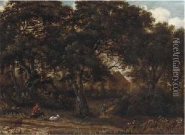 A Wooded Landscape With A 
Herdsman Playing A Flute, A Traveller Ona Path Toward A House Beyond Oil Painting - Meindert Hobbema