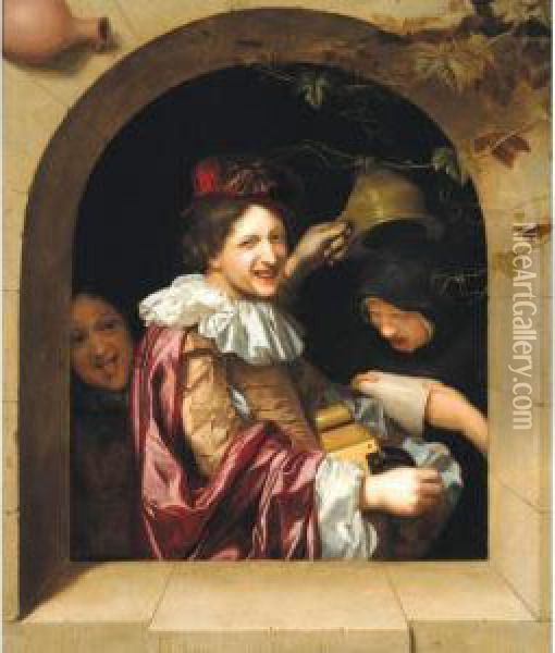 A Hurdy Gurdy Player With An Old Woman Singing And A Mocking Youth Oil Painting - Johannes, Jan Tilius