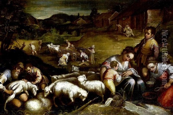 Bauernfamilie Mit Schafen, Im Hintergrund Ernteszene Und Dorf Oil Painting - Jacopo dal Ponte Bassano