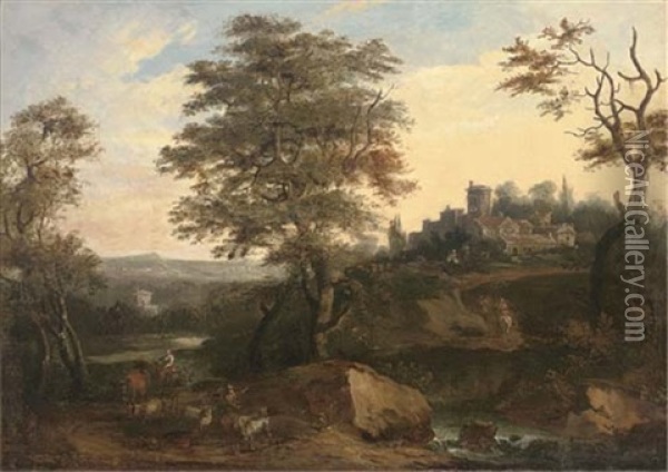 A Wooded Landscape With Travellers By A River, A Villa Beyond Oil Painting - Albert Meyeringh