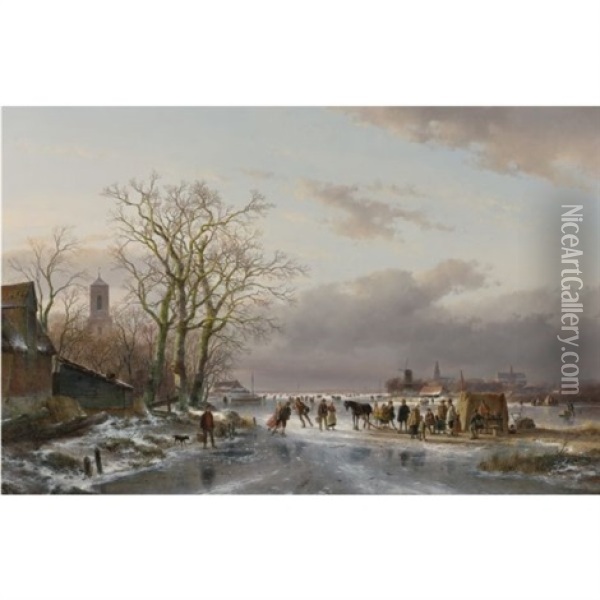 Numerous Skaters And A Horse-sledge By A Refreshment Stall, A Town In The Distance Oil Painting - Andreas Schelfhout