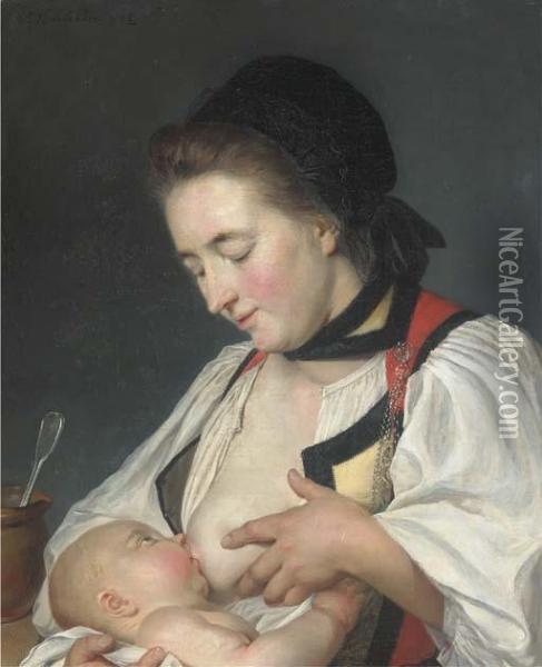 A Mother Feeding Her Child Oil Painting - Nicolas Benjamin Delapierre