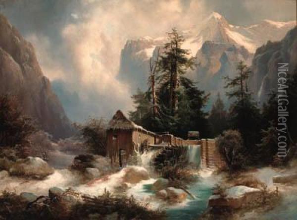A Watermill In An Alpine River Landscape Oil Painting - Heinrich Fischer