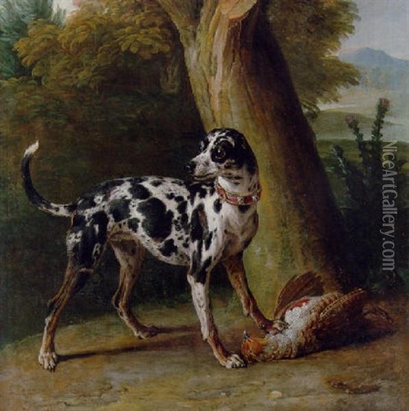 A Hunting Dog With A Dead Partridge In A Landscape Oil Painting - Jean-Baptiste Oudry