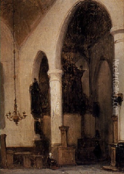 A Woman In A Church Interior Oil Painting - Johannes Bosboom