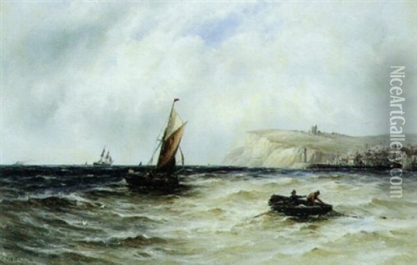 Marine Med Mange Skibe Udfor Whitby Oil Painting - Gustave de Breanski