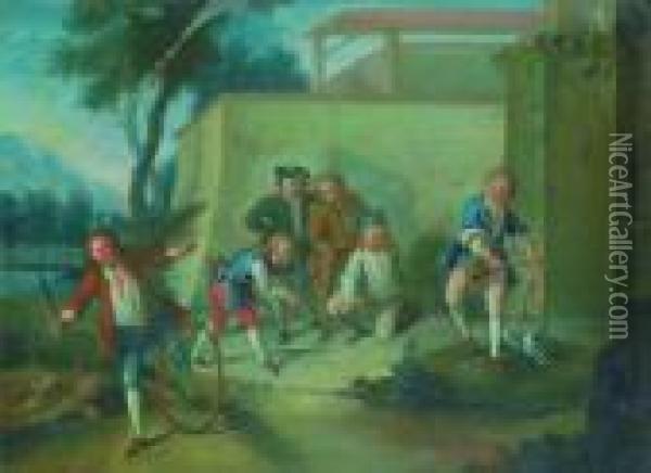 Les Plaisirs De L'enfance : Le Cerceau, La Partie De Billes Et Le Cerf Volant. Oil Painting - Nicolas Lancret
