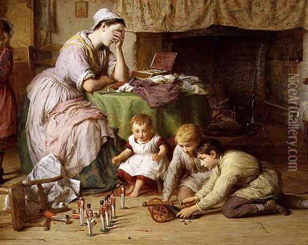 The Soldiers Wife, detail of the mother and boys playing soldiers, 1878 Oil Painting - George Smith