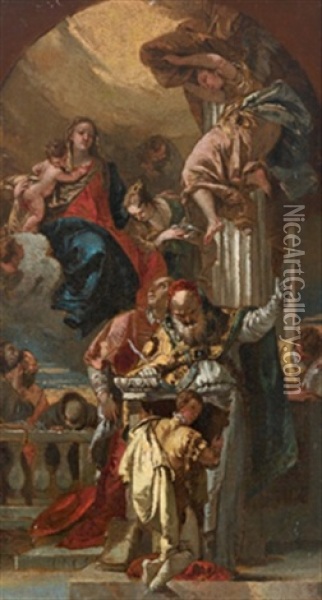 La Madonna Con Bambino E I Santi Caterina, Carlo Borromeo E Giovanni Vescovo Di Bergamo Oil Painting - Francesco Salvator Fontebasso