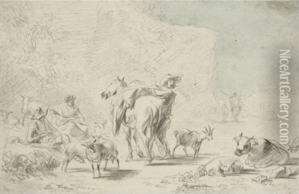 Three Herdsmen Resting In A Landscape With Their Animals Oil Painting - Nicolaes Berchem