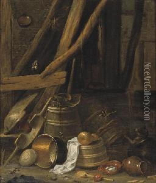 A Barn Interior With A Copper 
Pot, Wooden Barrels, An Eartenwarejug And Other Objects, Together With A
 Chicken And A Cat Oil Painting - Herman Saftleven