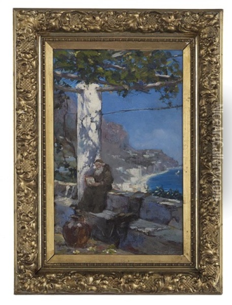 Monk Reading On An Amalfi Coast Terrace Oil Painting - Constantin Aleksandrovich Westchiloff