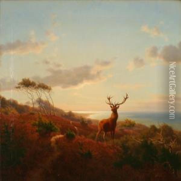 A Stag In An Evening Autumn Landscape Oil Painting - Carl Henrik Bogh